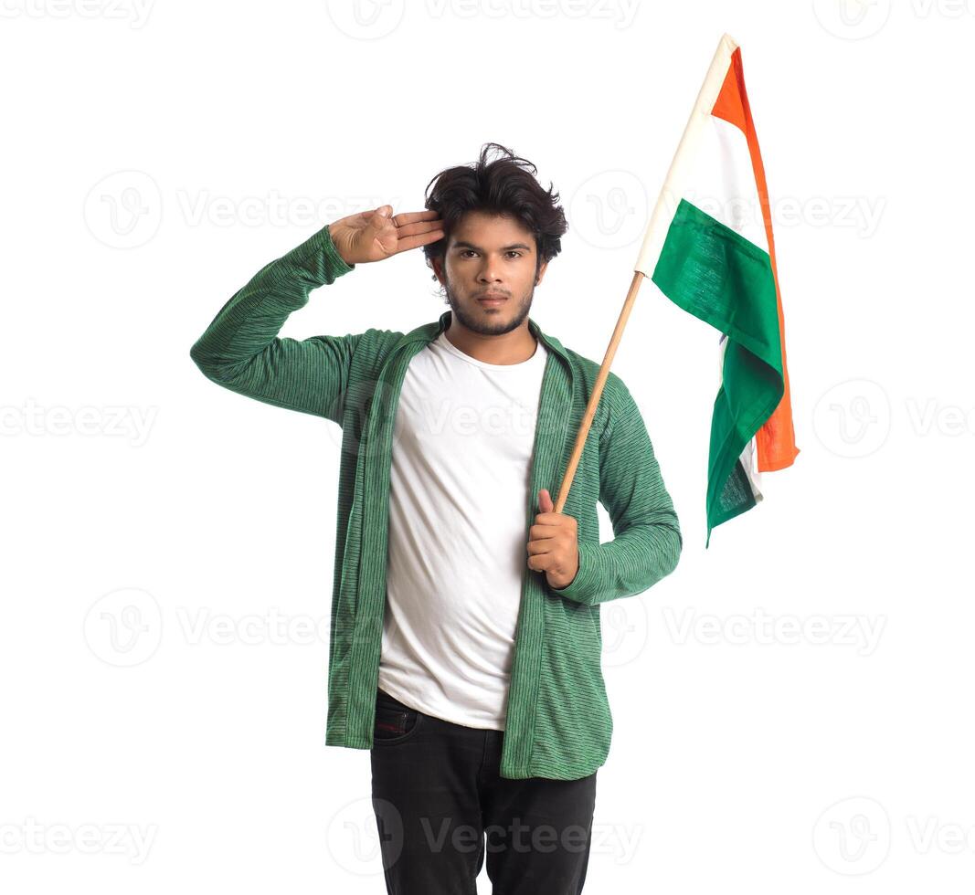 Young man with Indian flag or tricolor on white background, Indian Independence day, Indian Republic day photo