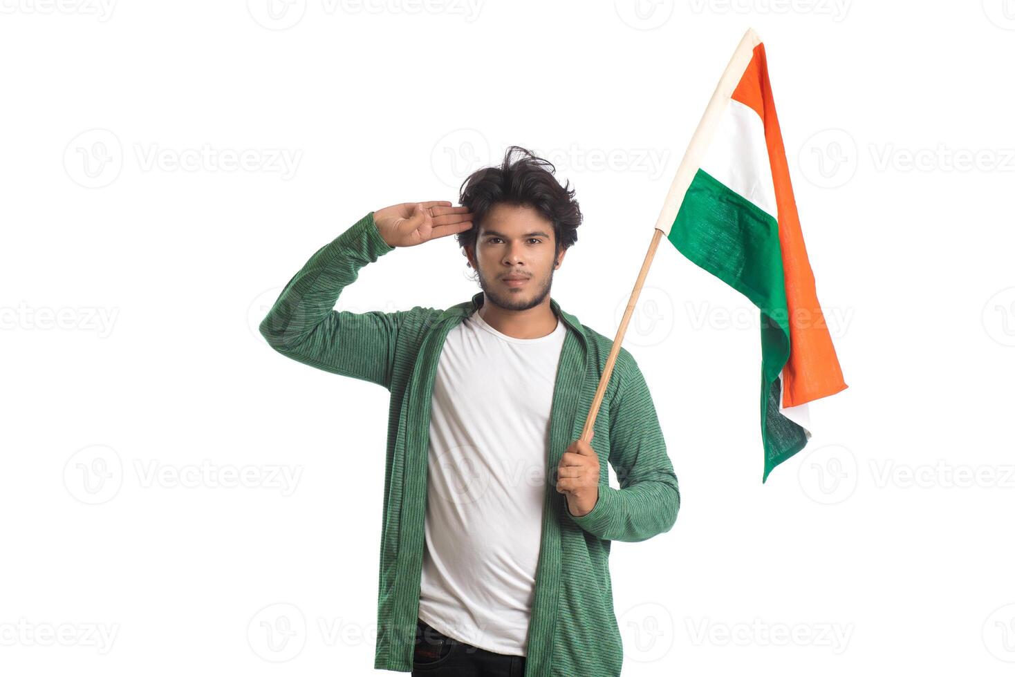 Young man with Indian flag or tricolor on white background, Indian Independence day, Indian Republic day photo