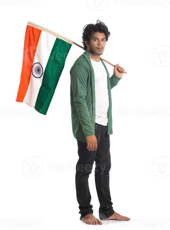 Young man with Indian flag or tricolor on white background, Indian Independence day, Indian Republic day photo