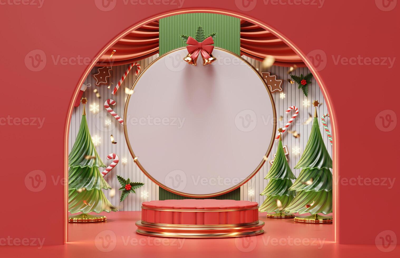 Red and green Merry Christmas event product display podium with decoration background 3d rendering photo