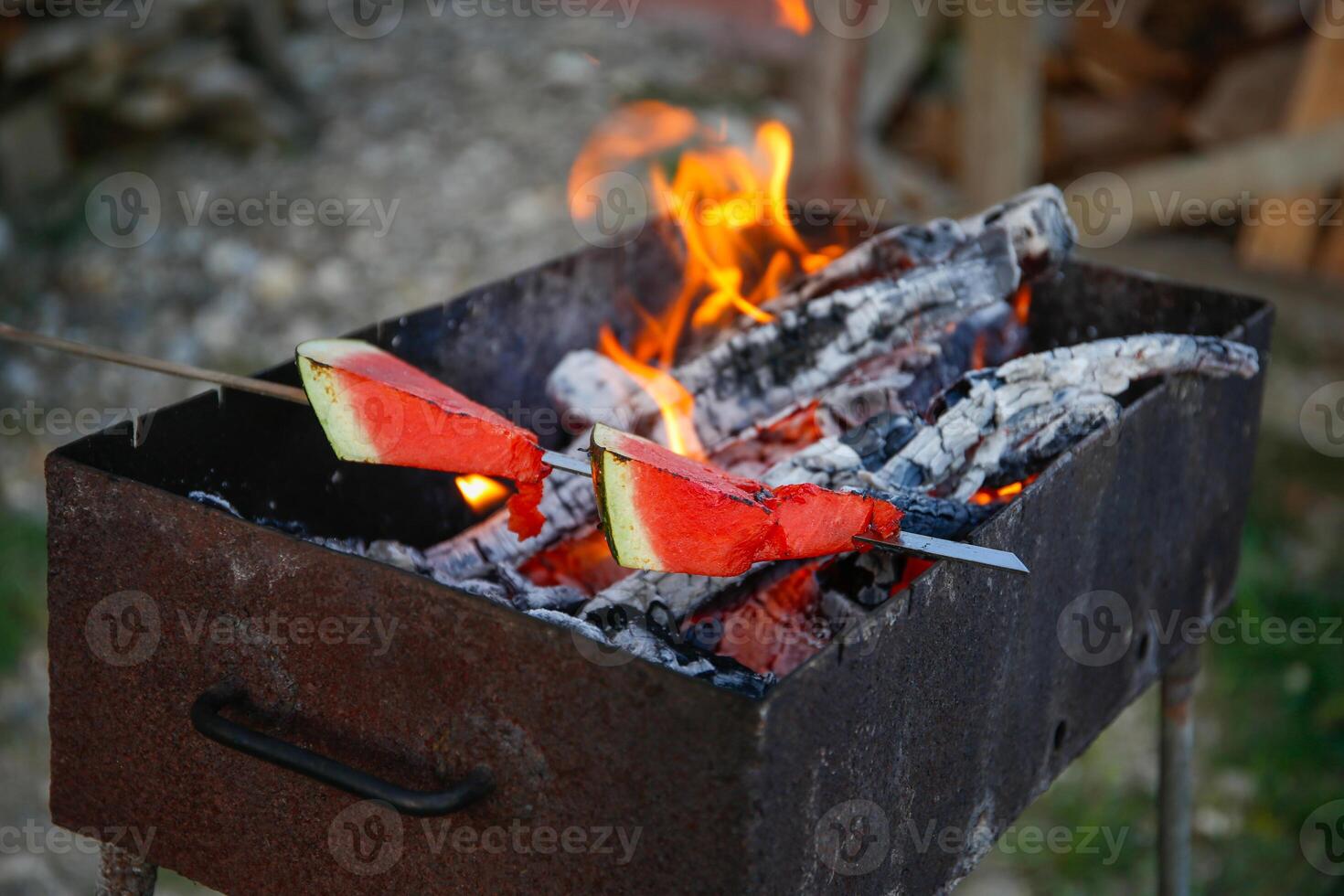 Watermelon on a skewer is fried on a fire. photo