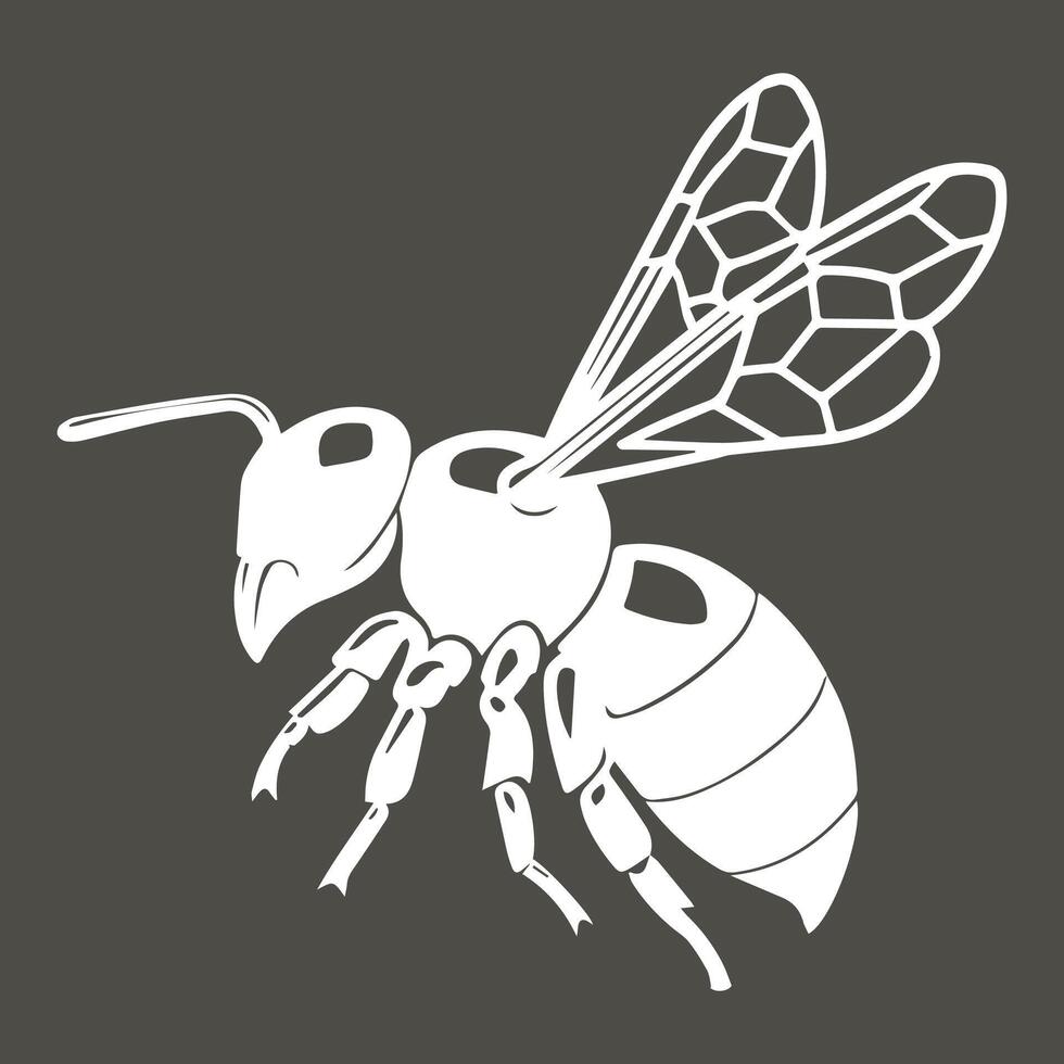 white bee line minimal flat illustration, isolated on Charcoal Brown background, top view vector