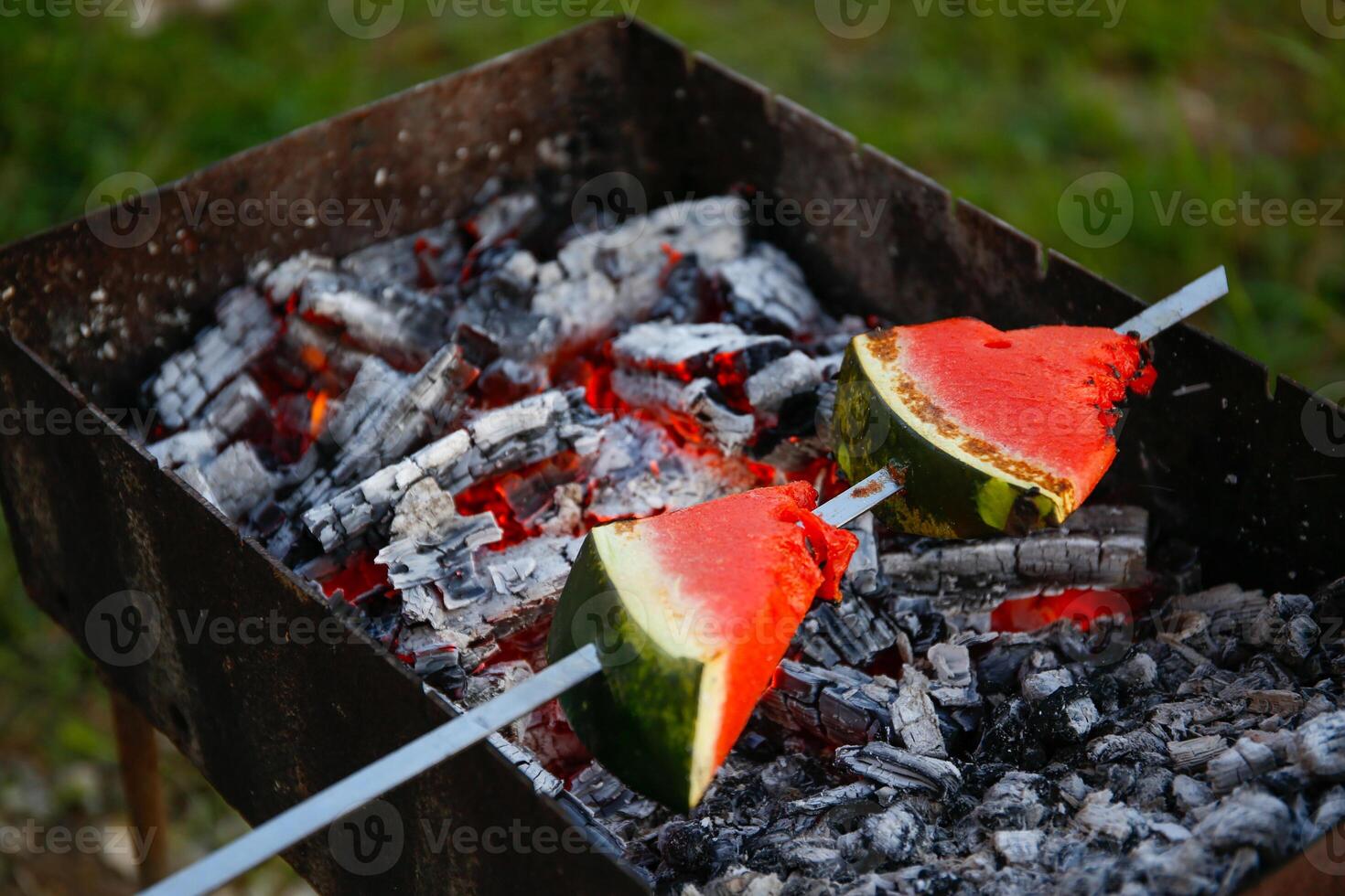 Watermelon on a skewer is fried on a fire. photo