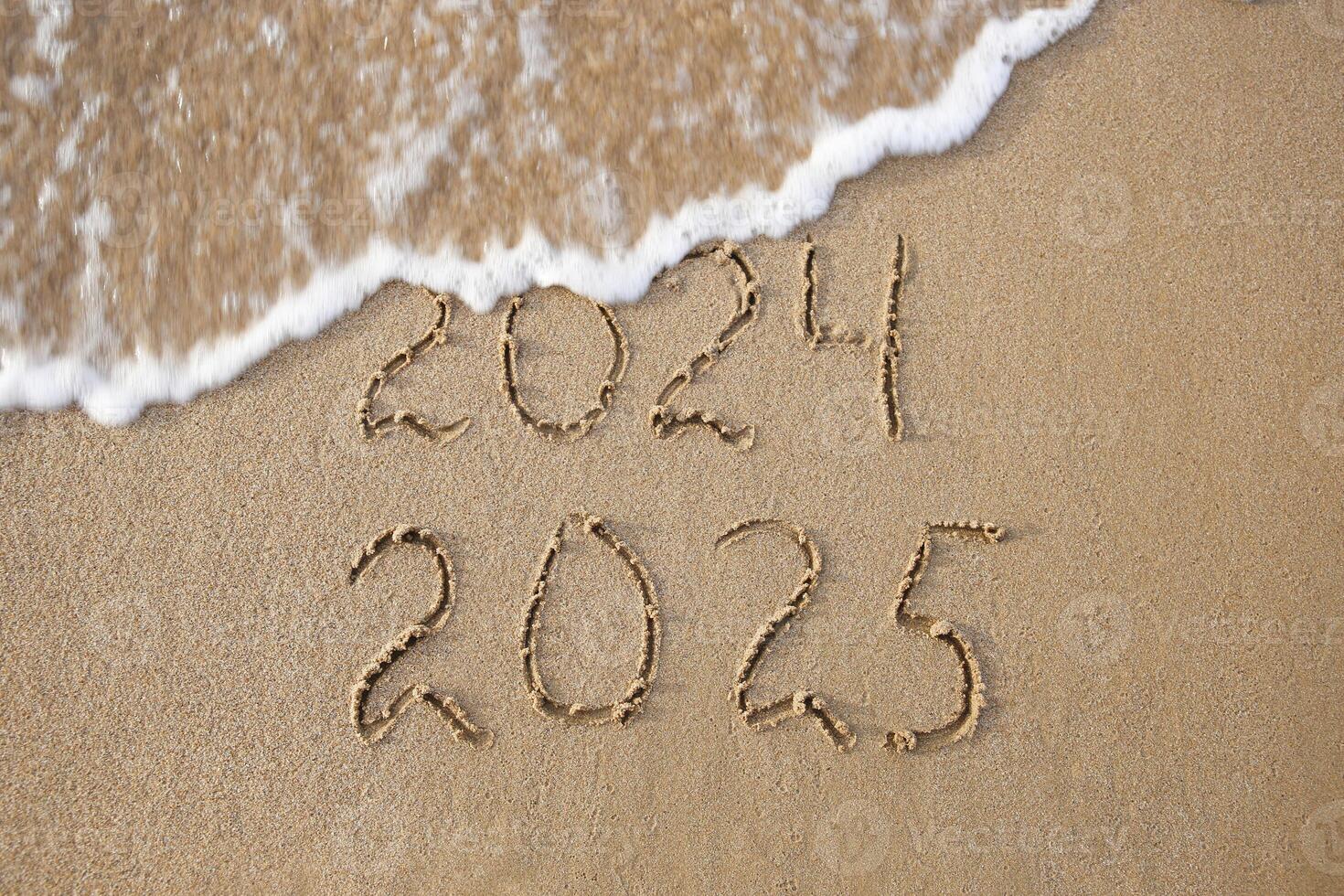 2024, 2025 years written on sandy beach sea. Wave washes away 2024. Happy New Year photo