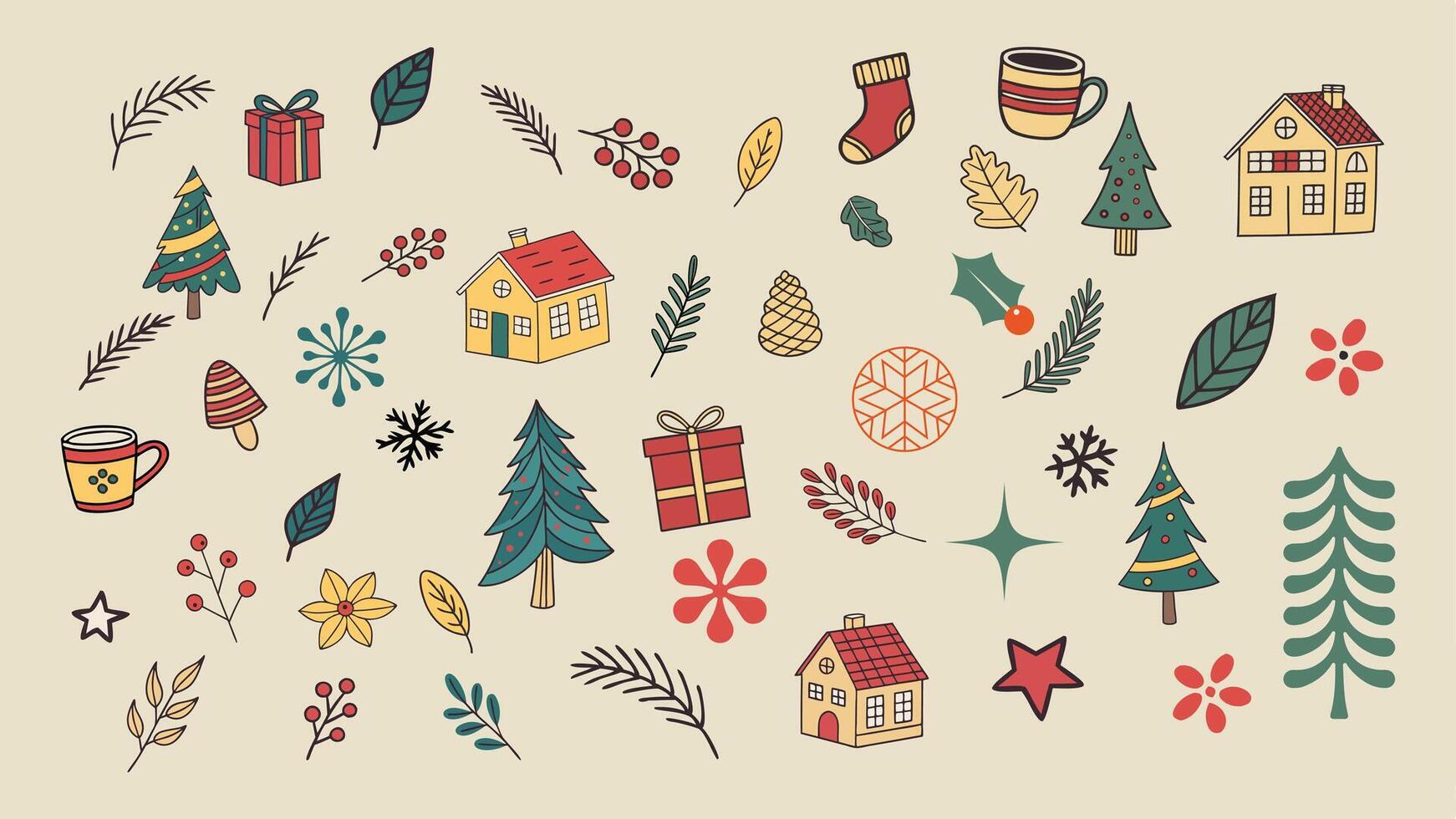 A festive Christmas illustration with a variety of hand-drawn elements vector