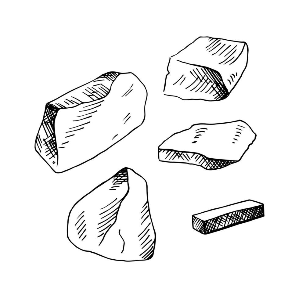 Engraved illustration of chalk mountain limestone rock. Hand drawn pieces of potassium carbonate whitening, natural element, paper ingredient, food additive. For label, logo, card, print, paper vector