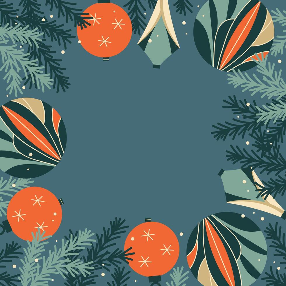 Xmas card with Christmas tree decorations, coniferous branches, snow. Hand drawn colourful festive winter border for text. For flyer, greetings, invitations, New Year, congratulation, card vector