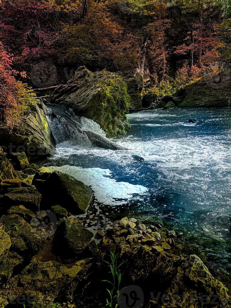 A waterfall in a forest with a river flowing through it photo