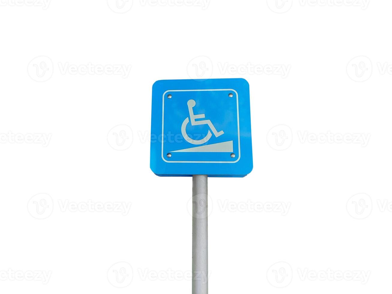 Blue sign with symbol of person sit on wheelchair. White background. Concept, Parking for disability persons sign. Service as privileges for handicap to park car at public park or gas station. photo