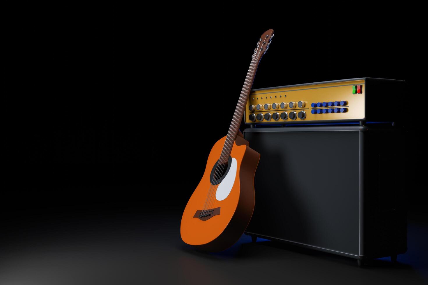 3D illustration with electric or acoustic guitar with amplifier. Classic amplifier in the studio or on the concert. photo