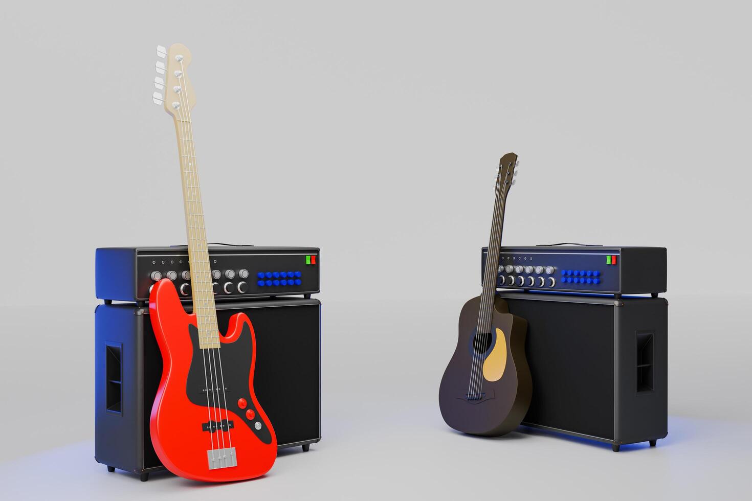 3D illustration with electric or acoustic guitar with amplifier. Classic amplifier in the studio or on the concert. photo
