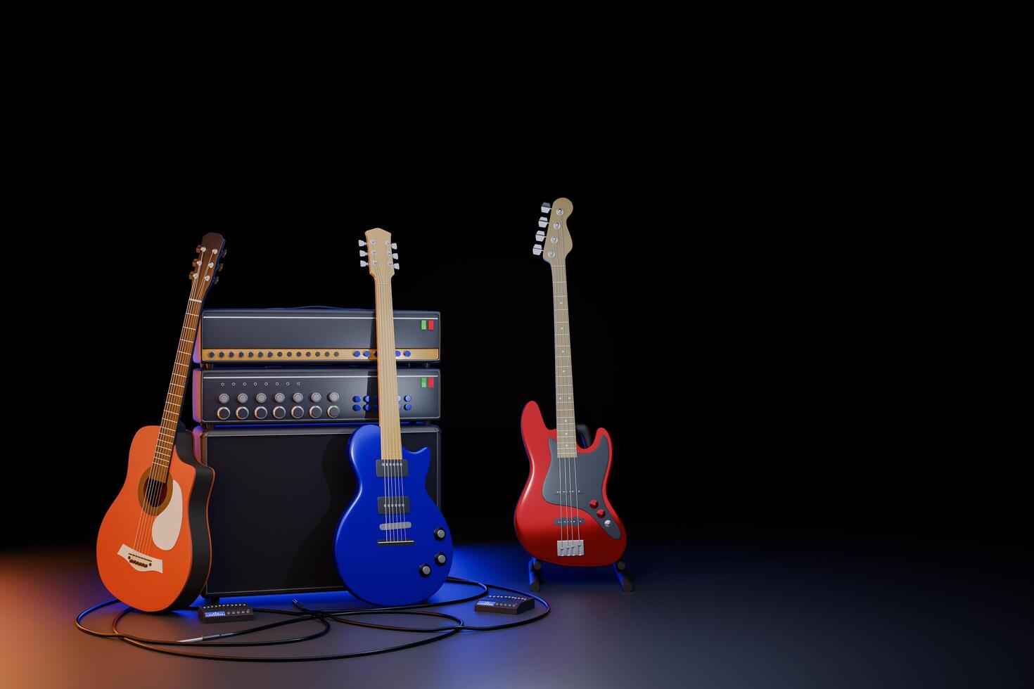 3D illustration with an electric or acoustic guitar on a stand with amplifier. Classic amplifier in the studio or on the concert. photo