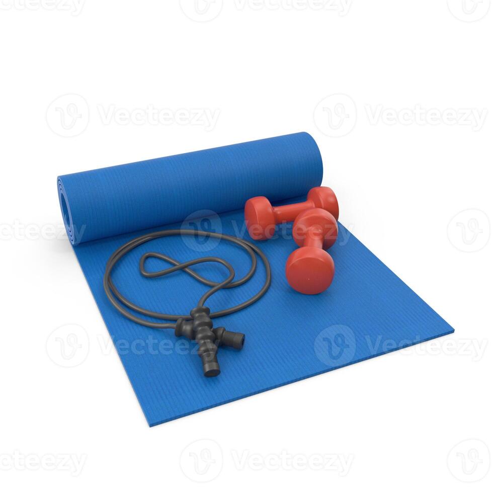a 3D blue yoga mat with two dumbbells on it photo