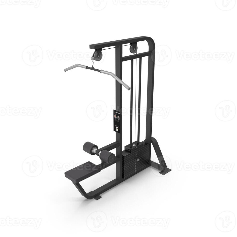 a 3D black gym machine with a pull down bar photo