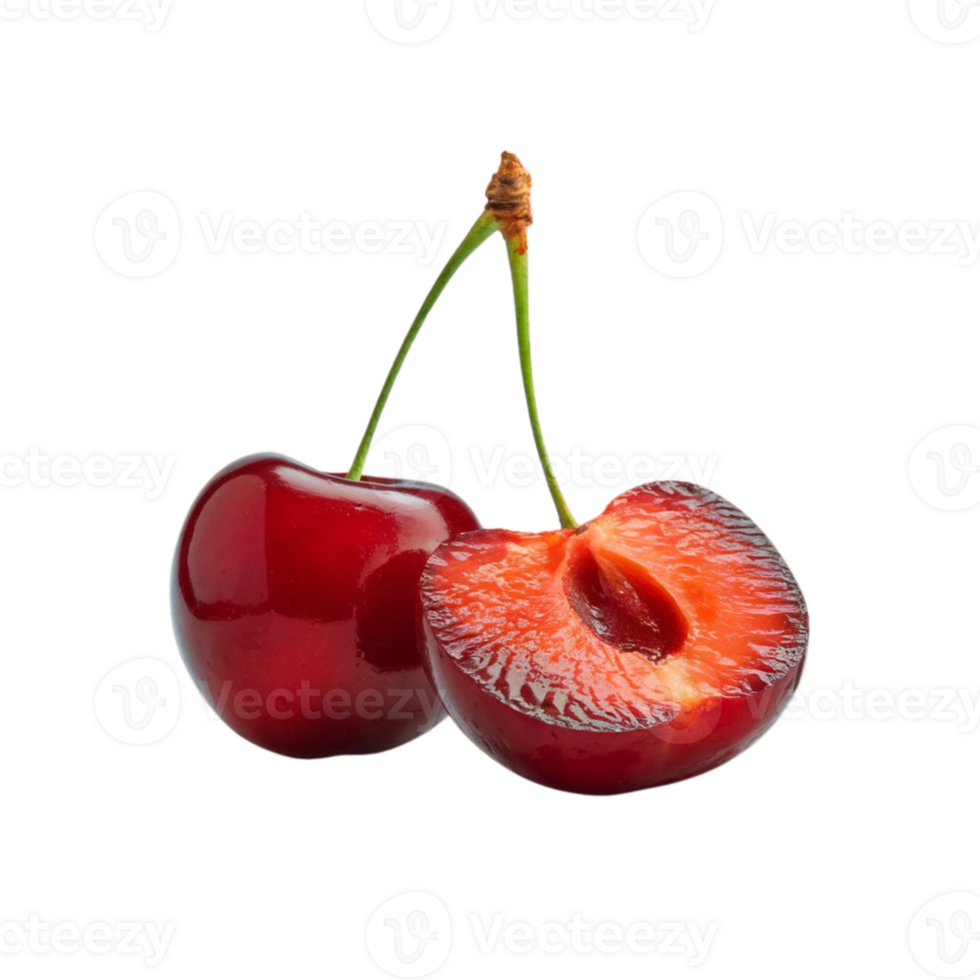 A whole cherry and multiple cherry slices displayed on a clear background png