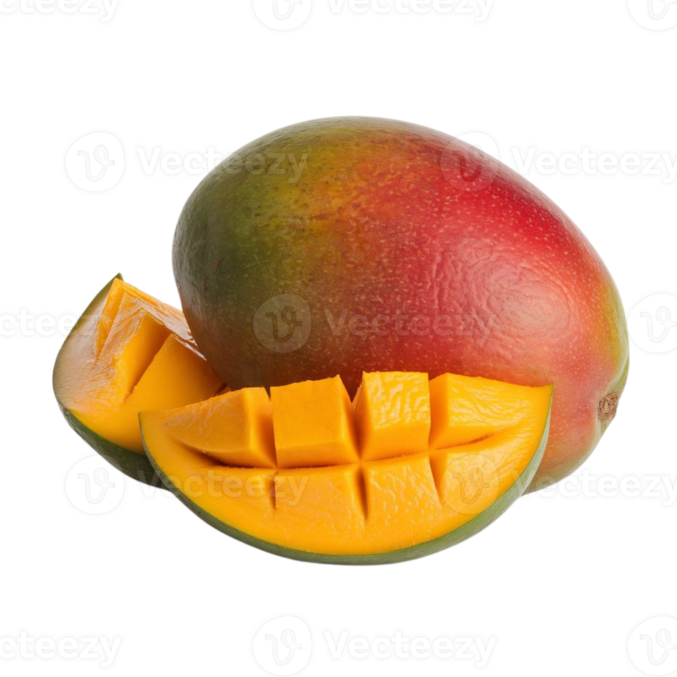 one mango and several mango slices on a transparent background png