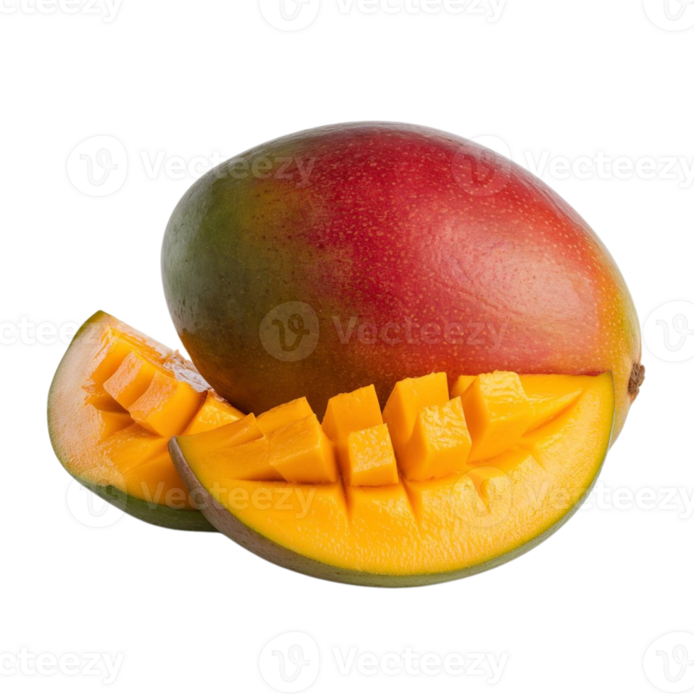 A single mango and a few mango pieces on a transparent backdrop png