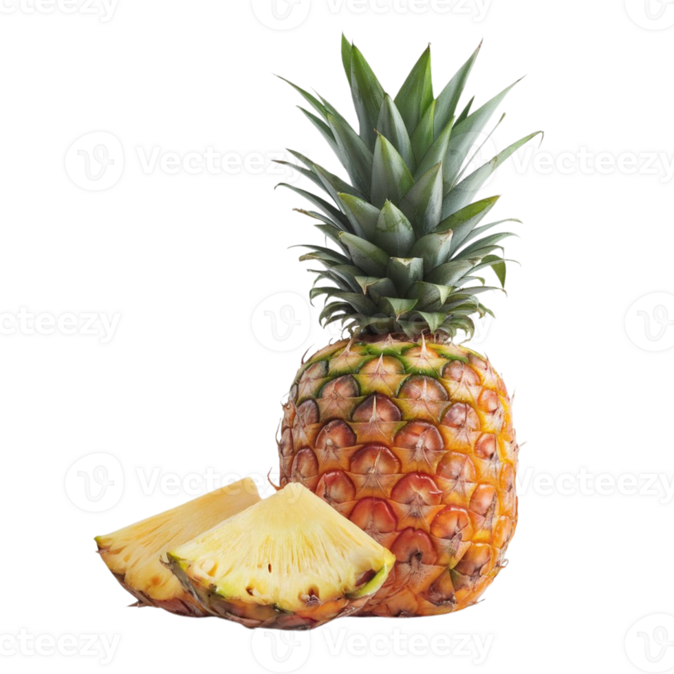 A whole pineapple with multiple slices displayed on a clear background png