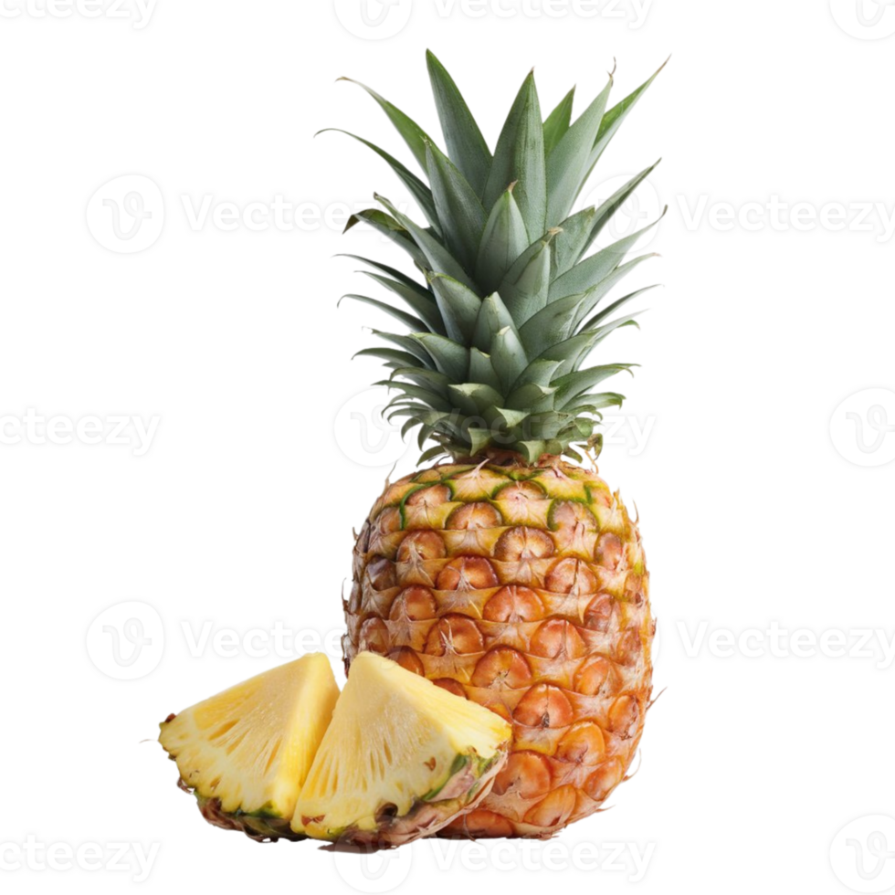 One whole pineapple and a few pineapple slices set against a clear background png