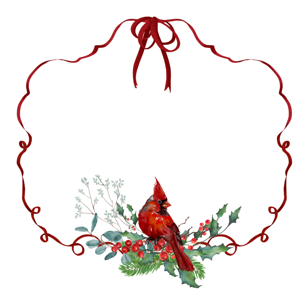 christmas frame with holly berries christmas card frame red ribbon bows Decorated with plants winter and red cardinal bird png