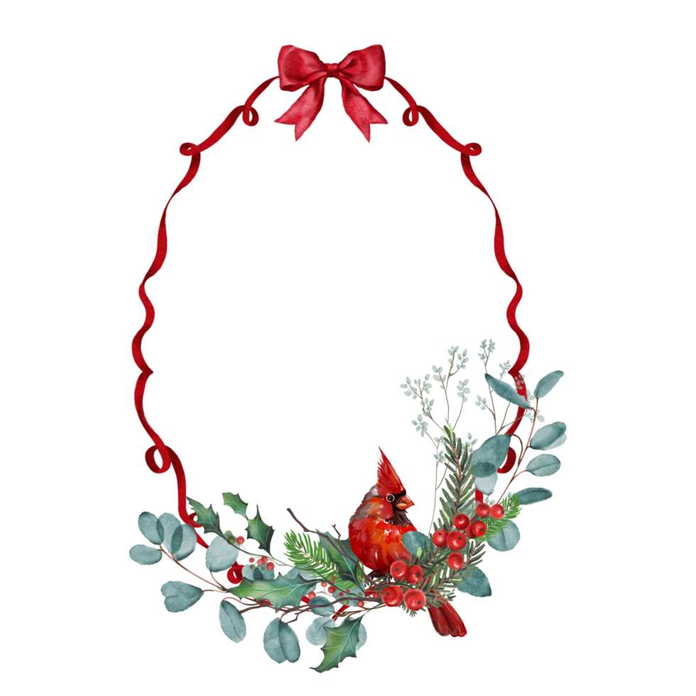 christmas frame with holly berries card frame red ribbon bows Decorated with plants winter and red cardinal bird png