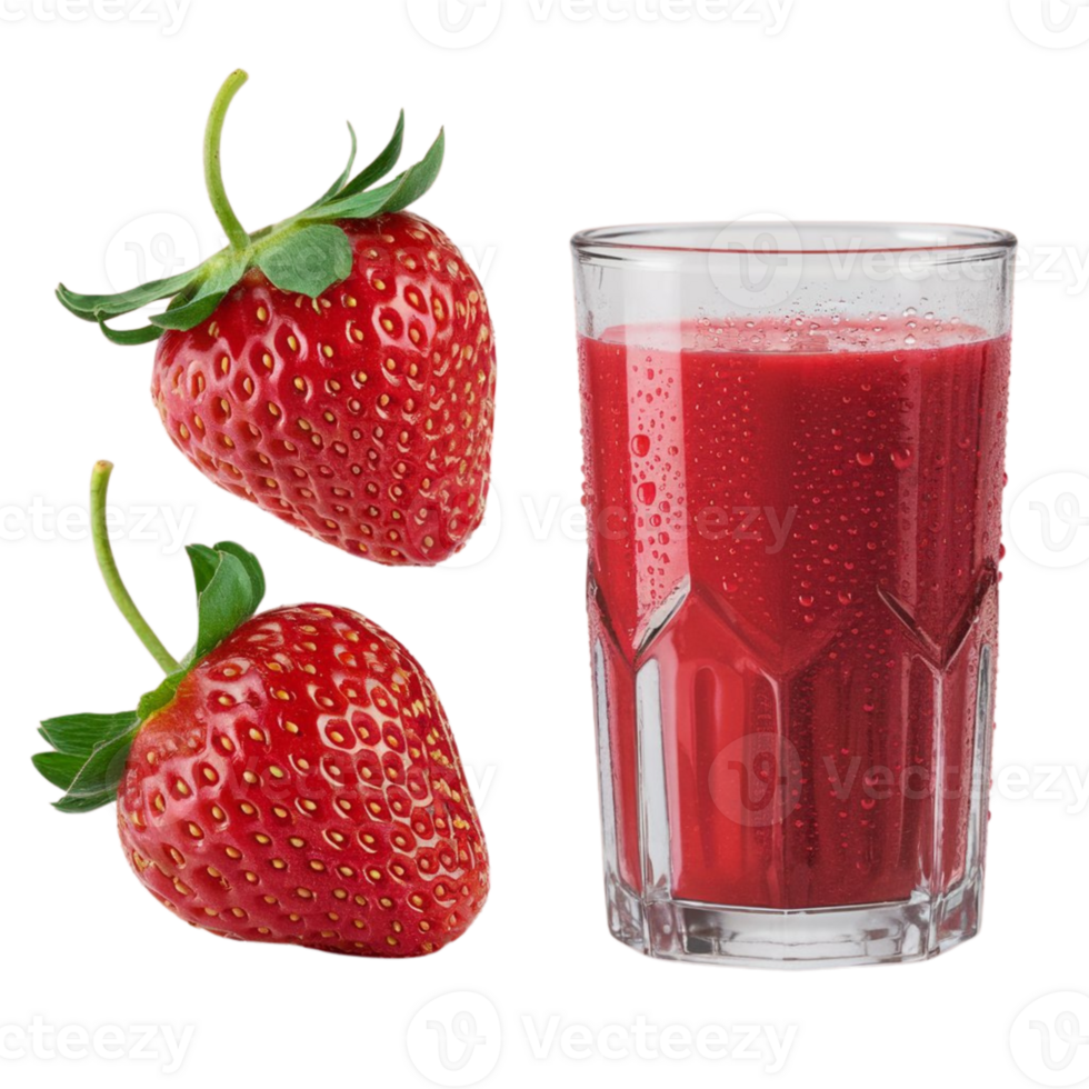Two strawberries and a glass of strawberry juice on a transparent background png