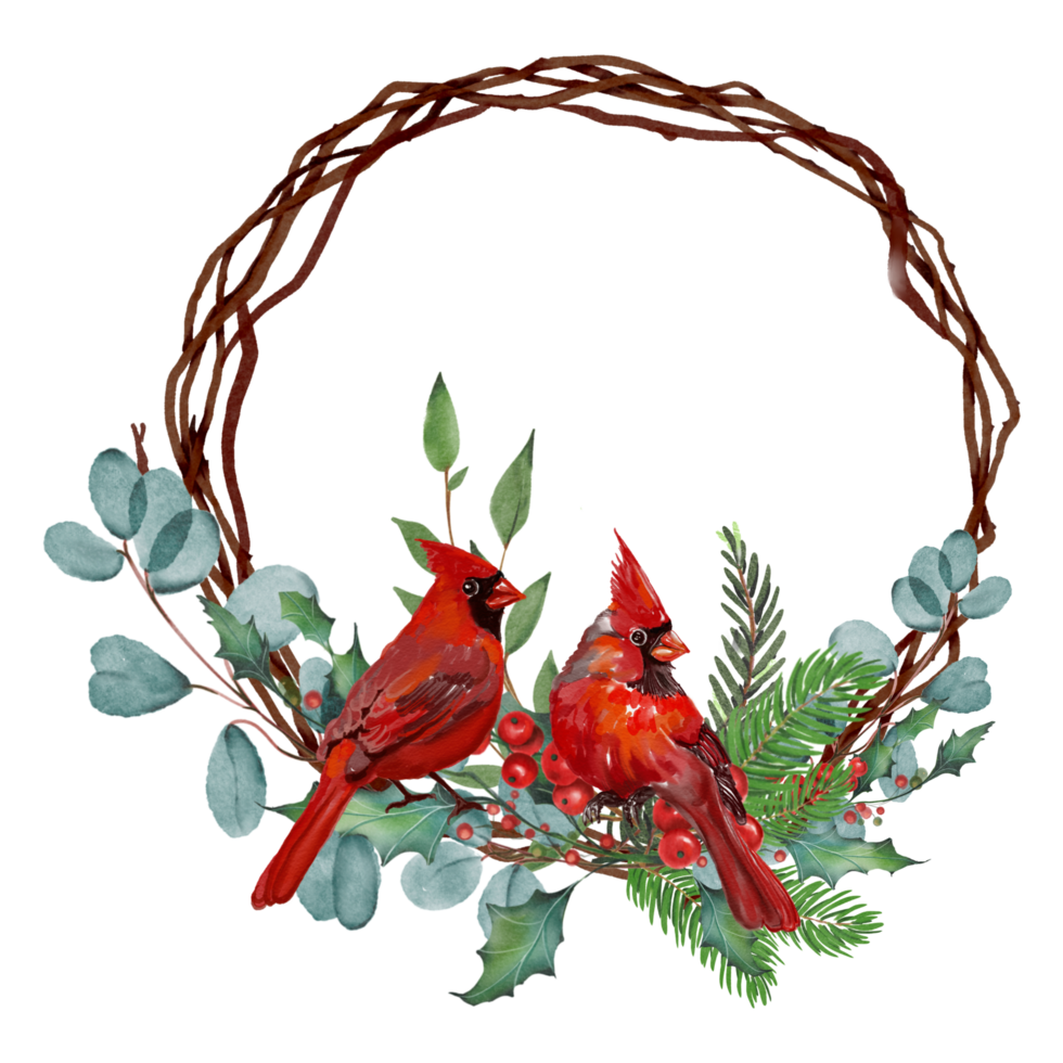 christmas card frame red Decorated with plants winter berries red red cardinal bird png