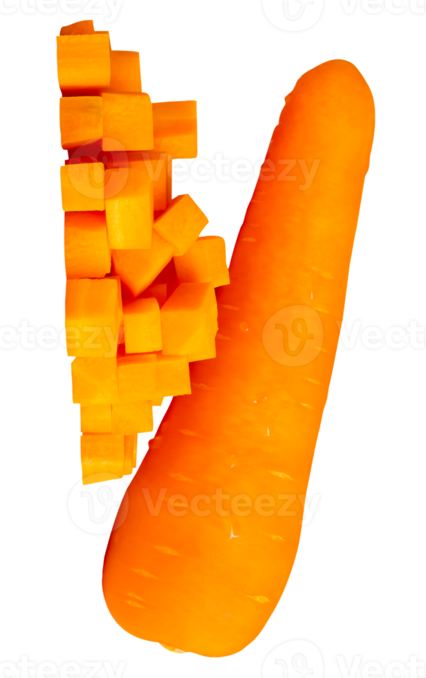 Top view of one orange carrot root with slices or pieces in cube shape in stack isolated in file format png