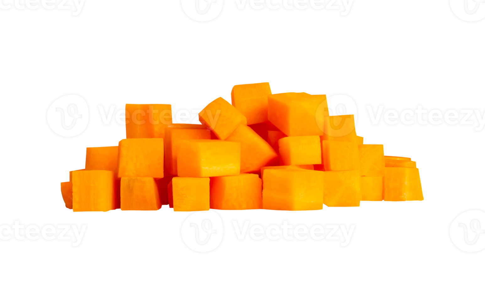 Side view of many orange carrot slices or pieces in cube shape in stack isolated in file format png