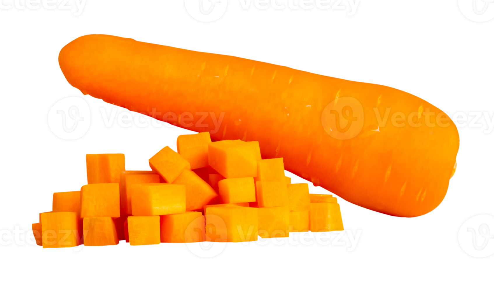 Side view photo of orange carrot roots with slices or pieces in cube shape in stack isolated in file format png