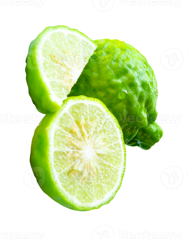 Top view photo of fresh green bergamot fruits or kaffir lime with half and quarter but no green leaf in stack isolated in file format png