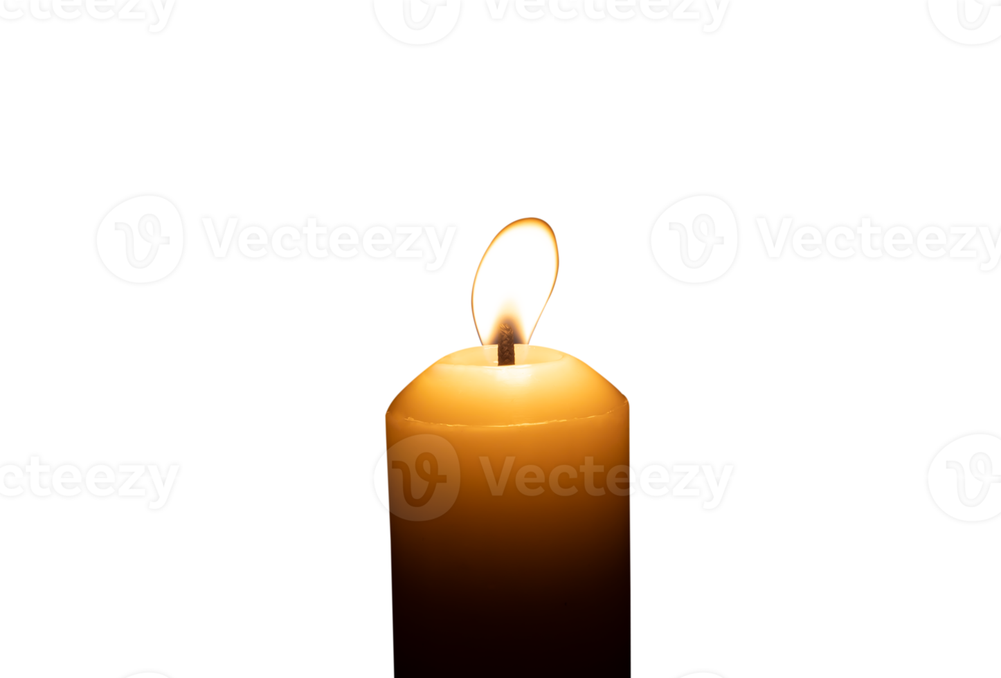 A single burning candle flame or light glowing on a big white candle isolated in file format png