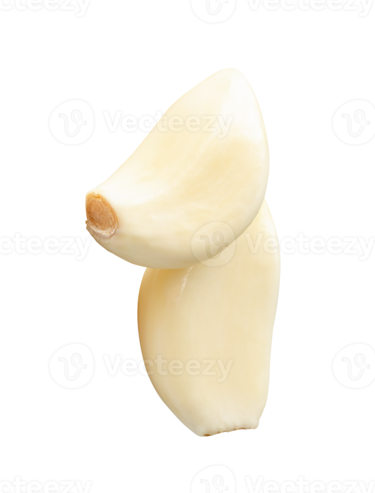 Top view of two peeled garlic cloves in stack isolated in file format png