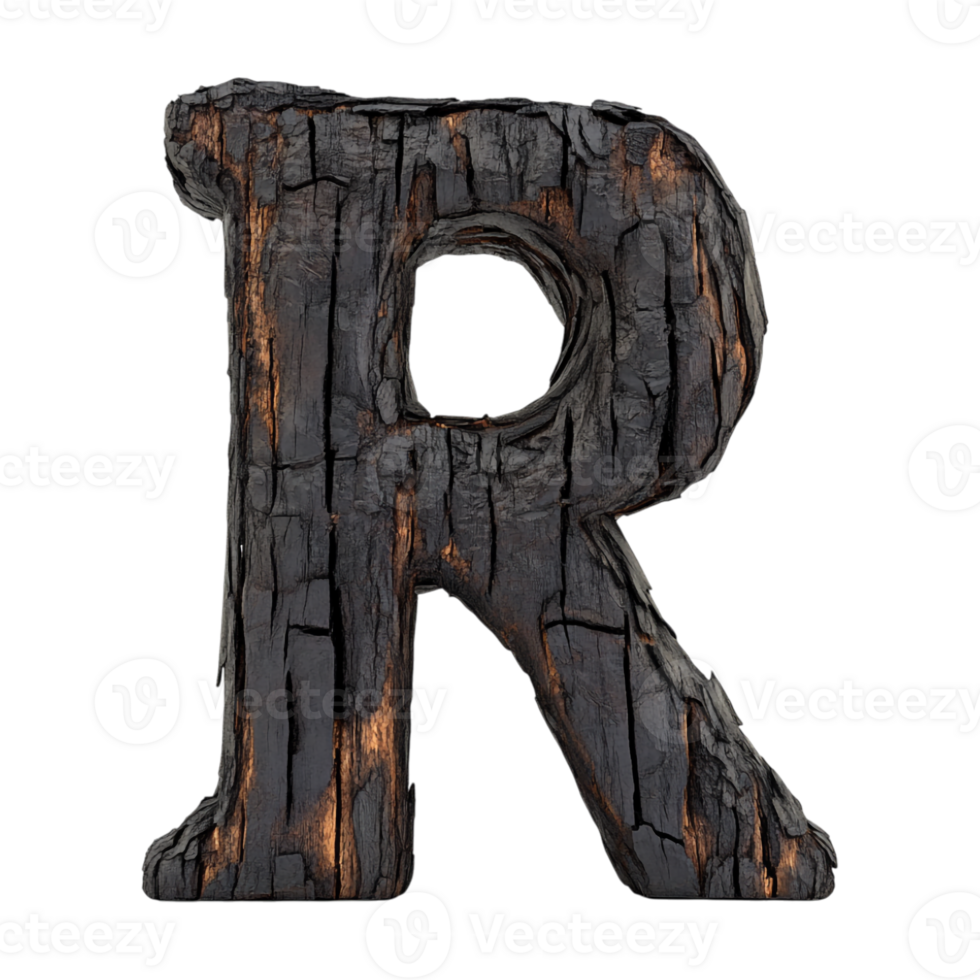 The letter r is made of wood and has been burned png