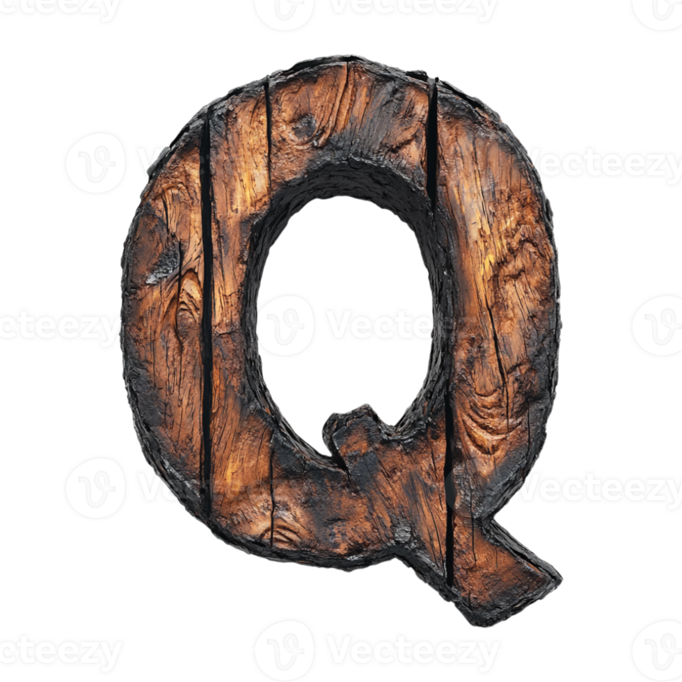 The letter q is made of wood and has been burned png