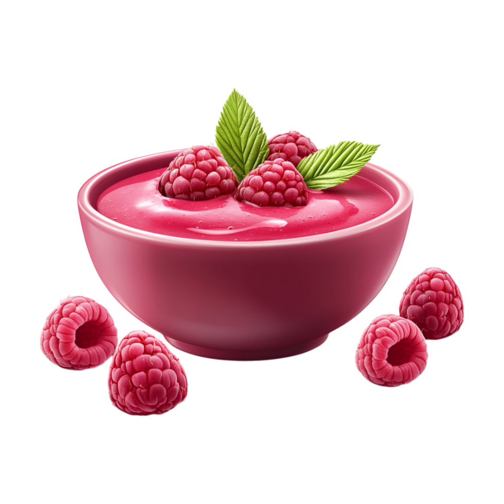 A bowl of raspberry yogurt with raspberries png