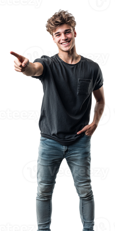A man in jeans and a black shirt pointing at something png