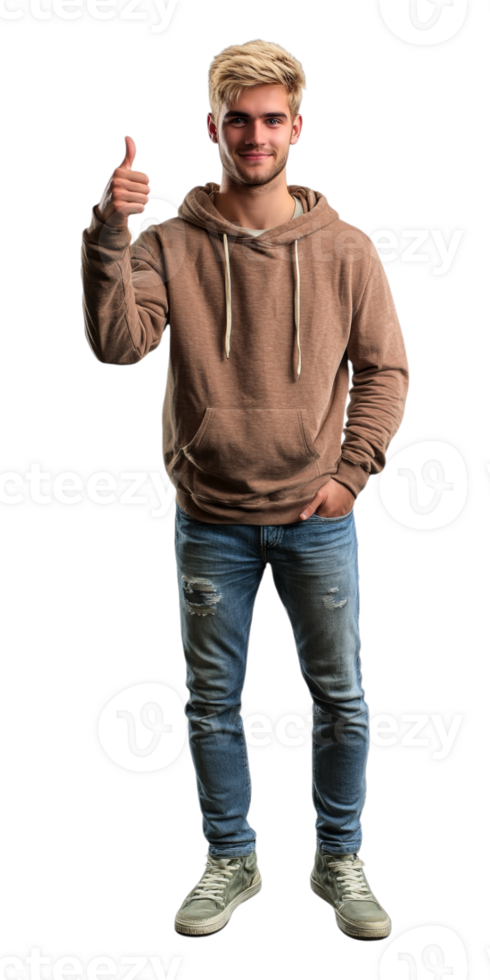 A man in a hoodie and jeans is giving the thumbs up png