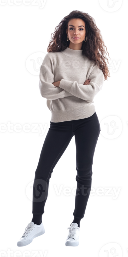 A woman in a cream sweater and black pants png