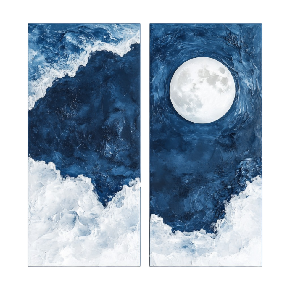 Moon and clouds blue and white canvas art png