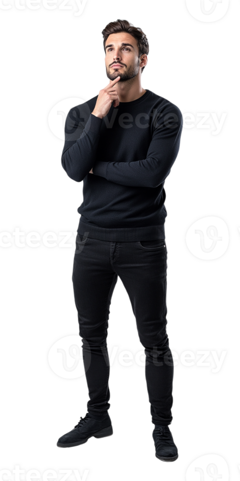 A man in black clothes standing with his hand on his chin png