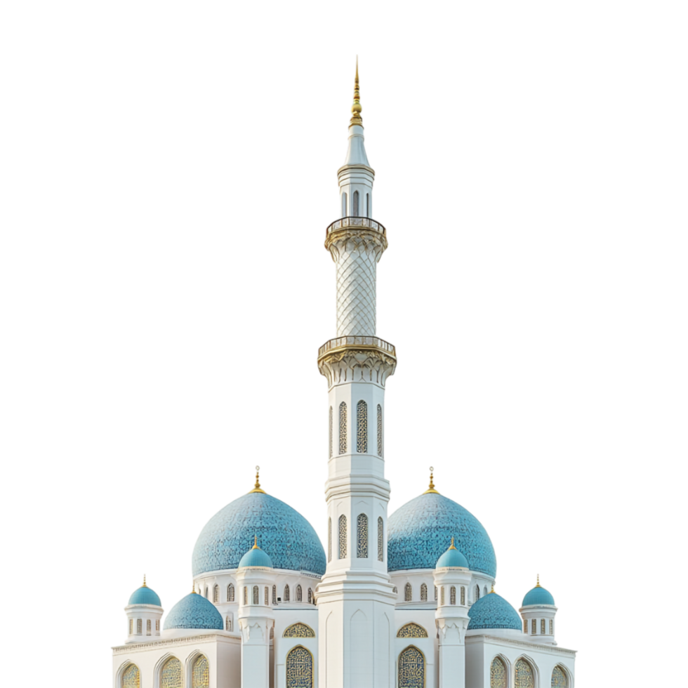 A white mosque with blue domes on top png