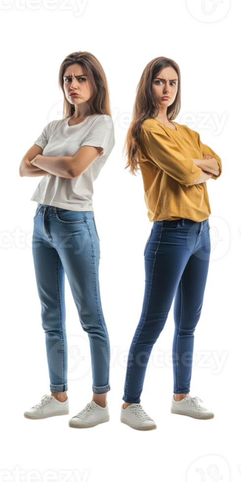 Two women standing in jeans and white shirts png