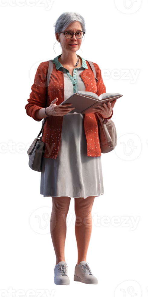 An animated woman holding a book and standing png