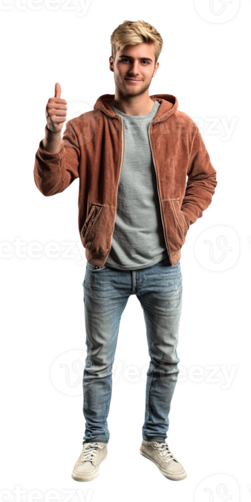 A man in a jacket and jeans is giving a thumbs up png