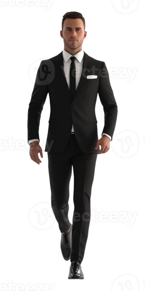 A man in a black suit and tie walking png
