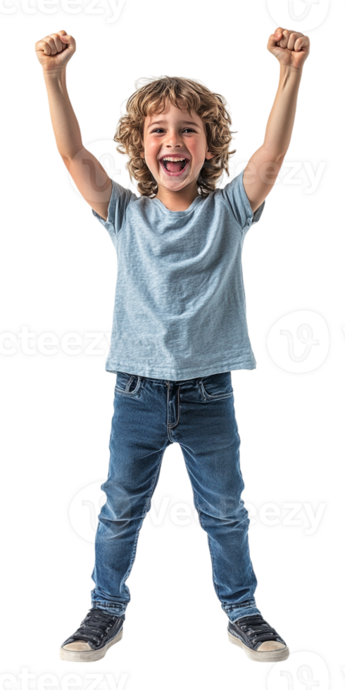 A young boy with his arms up in the air png