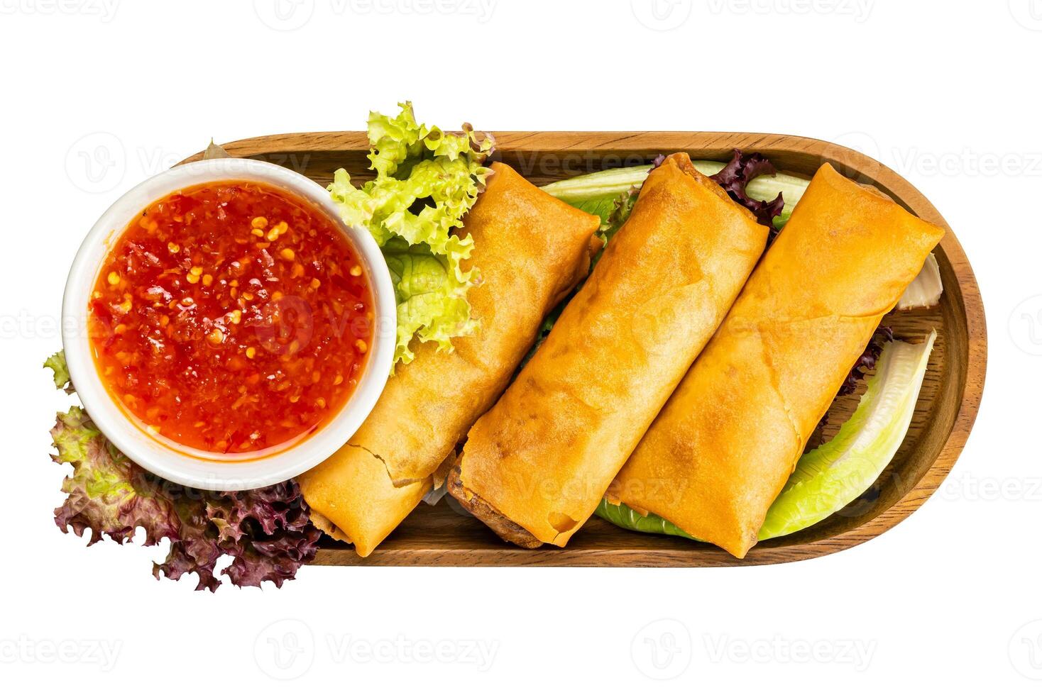 Top view of homemade Deep Fried Spring Roll with Chili Sauce and vegetable. photo