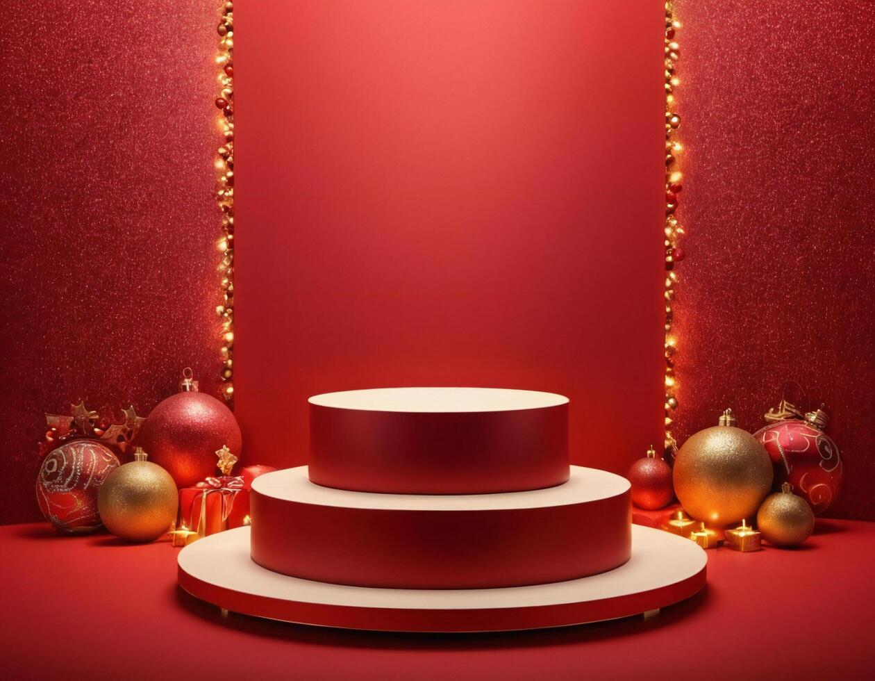 Christmas 3d scene with red podium platform photo