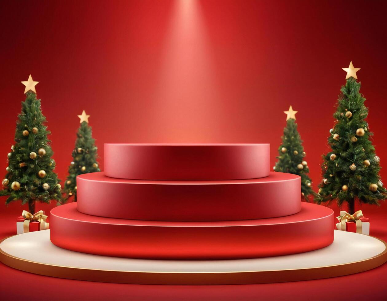 Christmas 3d scene with red podium platform photo